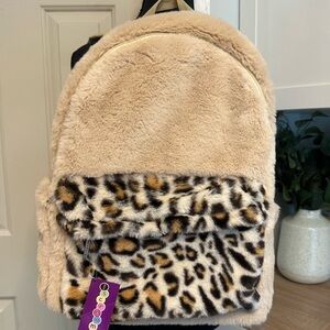 NWT Iscream 16 in Furry Fun Backpack Tan Cheetah Leopard Laptop Pockets Soft
